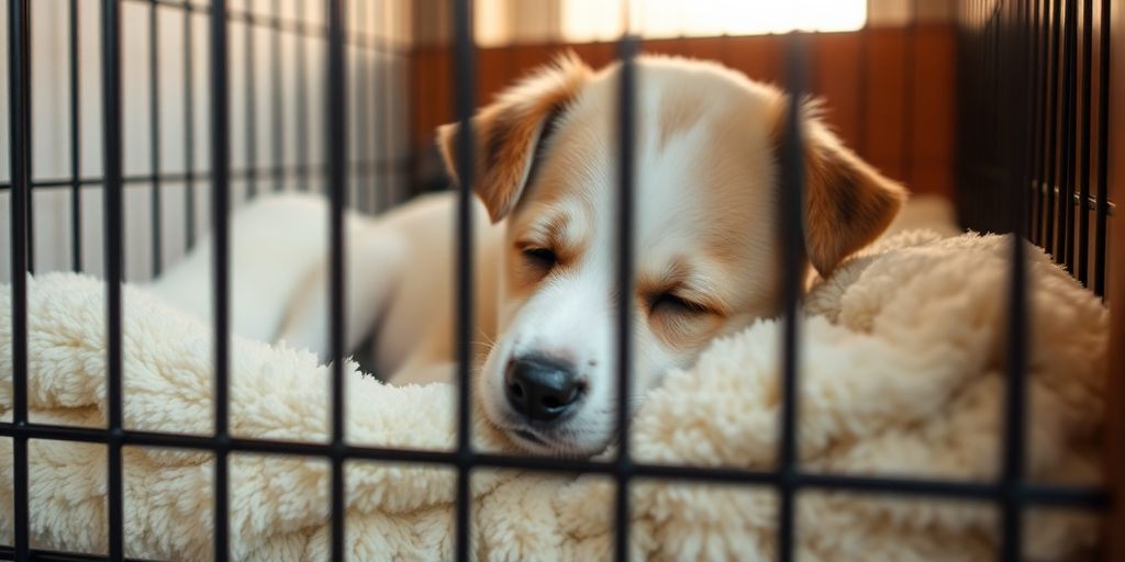 Calm puppy resting inside a cozy kennel.