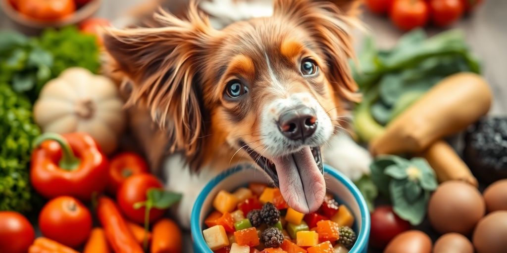 Happy dog with a bowl of wholesome, colorful dog food.