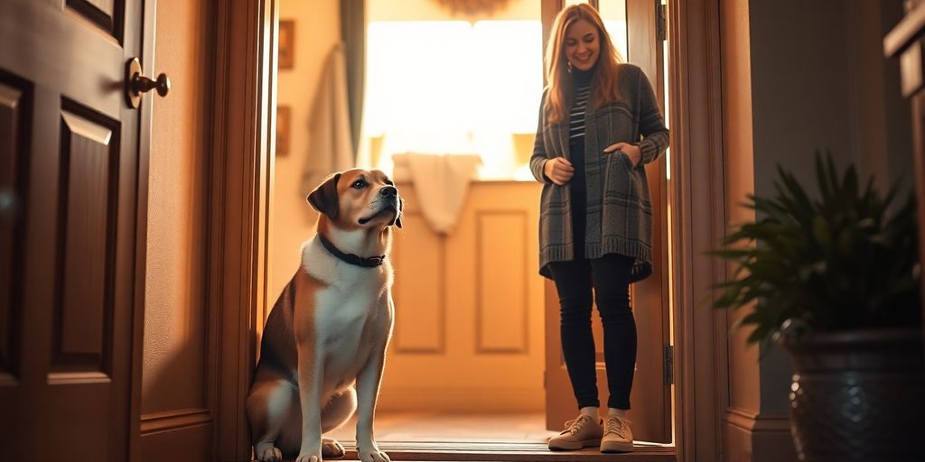 Dog greeting a guest at the front door.