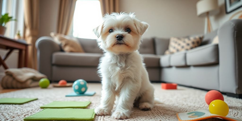Maltese puppy in a cozy room with training pads.
