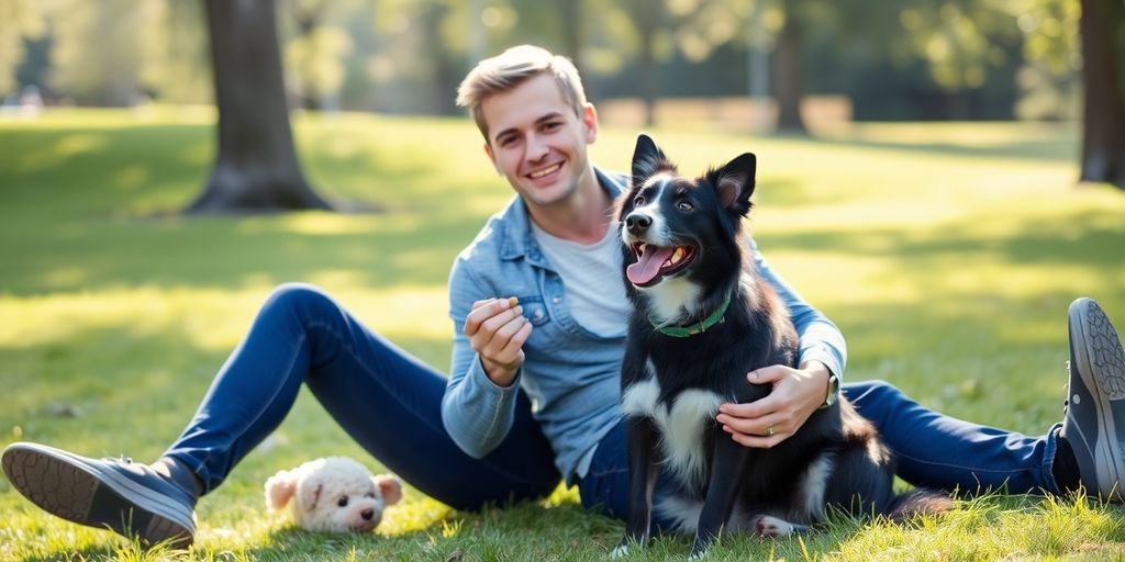Dog and owner training together in a sunny park.