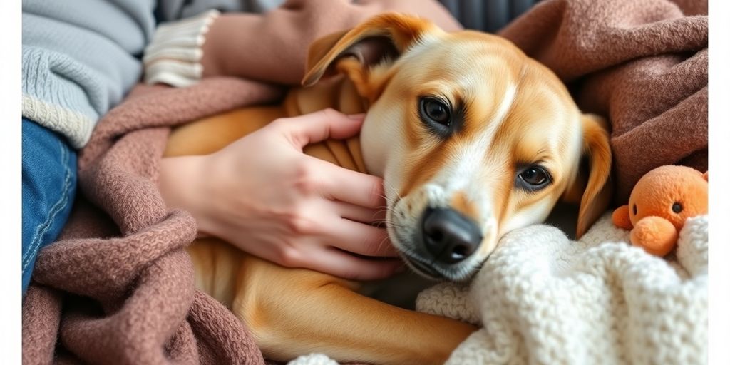 Person hugging a sad dog in a cozy setting.