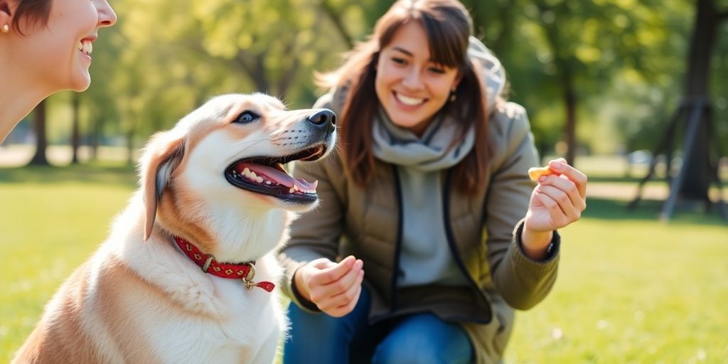 Happy dog training in a sunny park with owner.