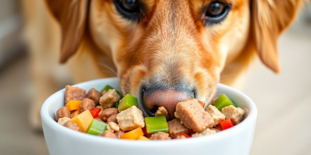 Dog happily eating healthy food.