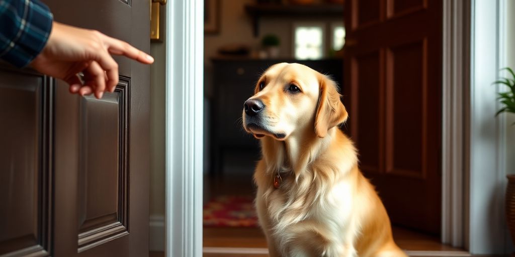 Dog calmly sitting by door as doorbell rings.