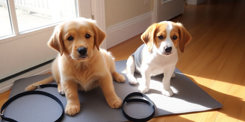 Two puppies training indoors.
