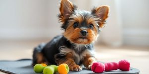 Yorkie puppy on training pad with toy