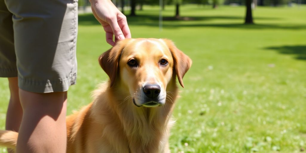 Dog with handler, looking calmly at a person.