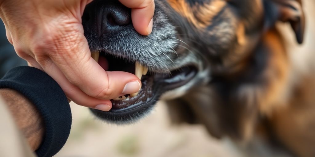 Person gently redirecting an aggressive dog's head.