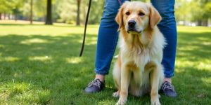 Dog sits calmly beside owner, leash in hand.