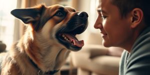 Dog barking at owner for attention.